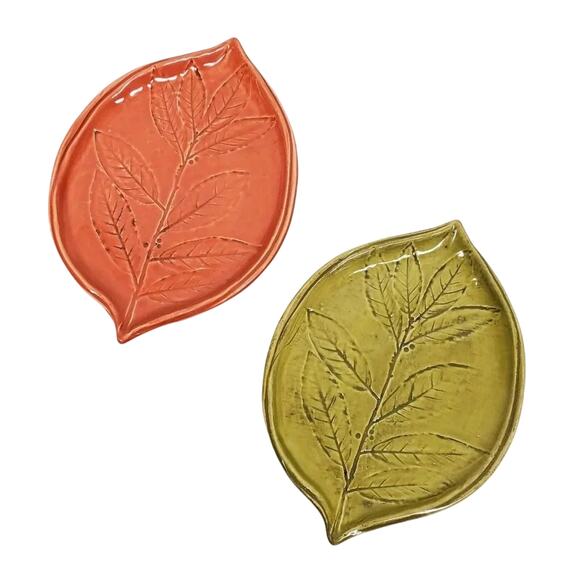 Crate & Barrel Leaf Design Small Ceramic Trays Set of 2 Green Orange Italy - Picture 1 of 9